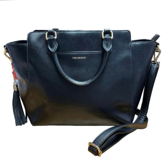 Vera Bradley Black Leather Morgan Satchel Adjustable Convertible Shoulder Strap - Picture 1 of 9